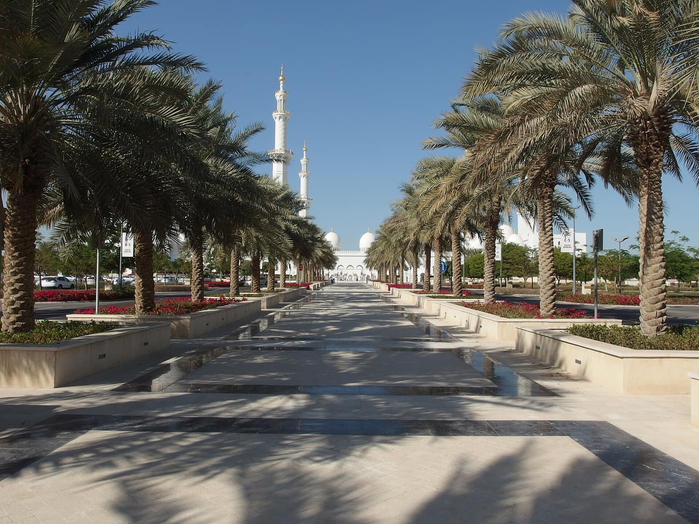 The white domes and minarets of Sheikh Zayed Grand Mosque in Abu Dhabi