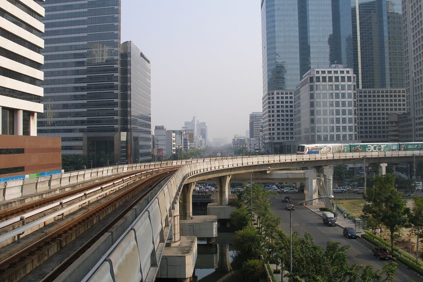 A BTS Skytrain on an elevated track in Bangkok