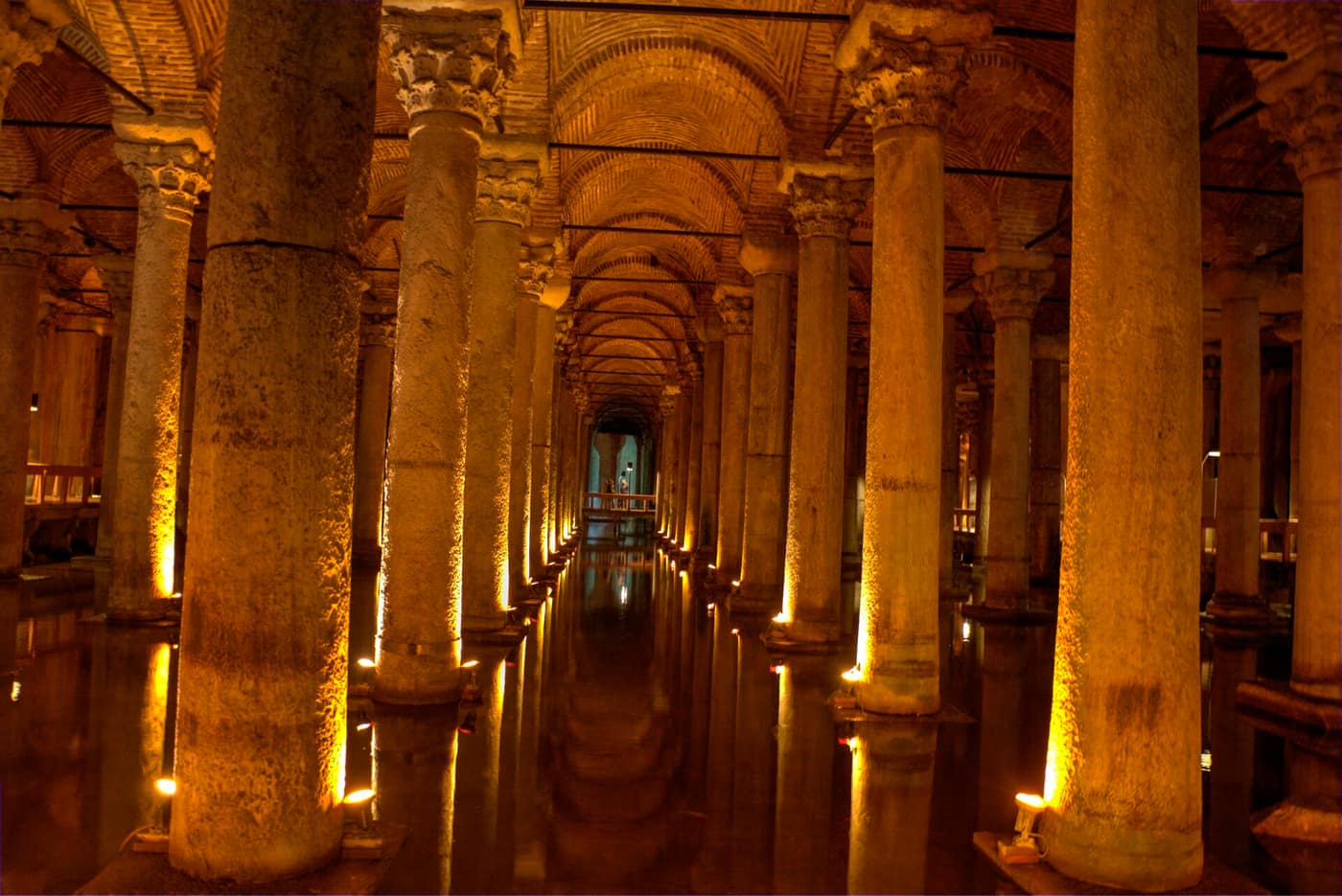 Columns and still water inside the Basilica Cistern in Istanbul
